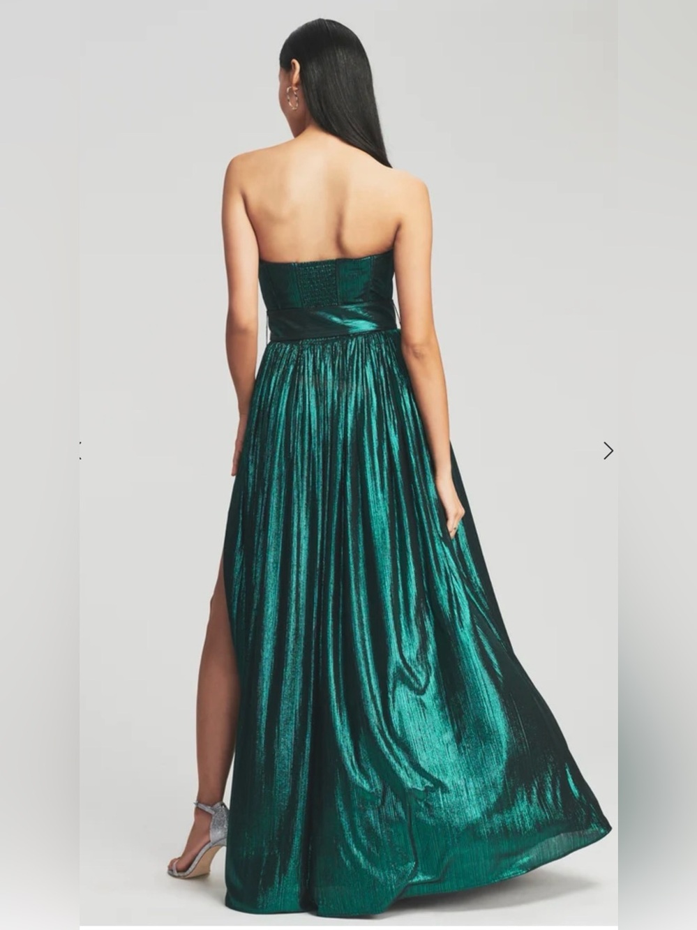 Retrofete Shimmery Emerald Strapless High-Slit Maxi Dress with Belt - Picture 4 of 15